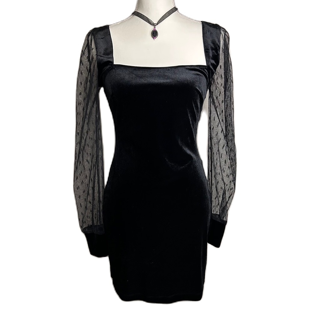 Vtg Speechless Velvet Mini Dress Square Neck Sheer Polka Dot Sleeve Goth Vamp